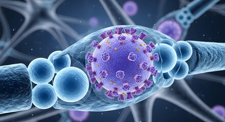 A microscopic view of a virus particle surrounded by cells and nerve fibers in a blue environment