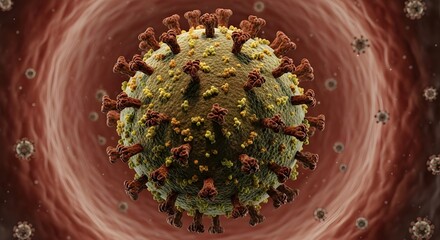 A detailed microscopic view of a coronavirus particle with its surface proteins and rna strands