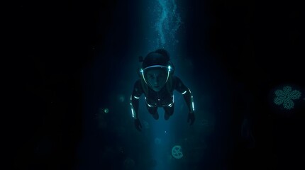 Woman in futuristic scuba suit diving deep underwater in the dark ocean adventure