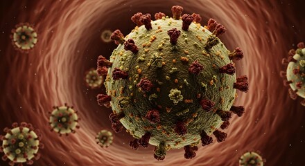 A detailed microscopic view of coronavirus particles inside a blood vessel with a brown background