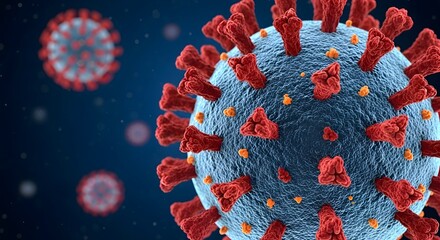 Close up view of coronavirus virions with red spikes on a blue textured surface in a dark background