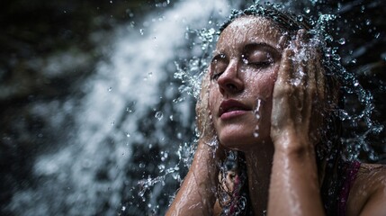 Fototapeta premium Woman splashing water on face beside waterfall