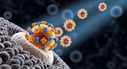 Microscopic view of virus particles attacking cell with surrounding cells and blue gradient background