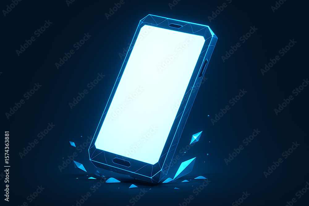 Poster glowing futuristic smartphone model in digital polygonal style with fractured shards falling on dark
