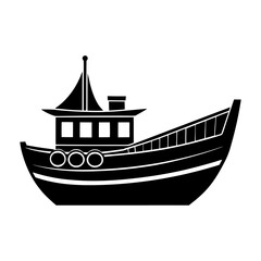 Silhouette of a fishing boat with cabin and mast on a white background