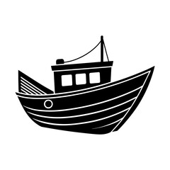 Illustration of a black and white fishing boat with cabin and mast line