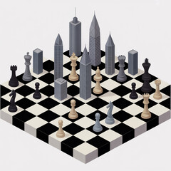 A conceptual chess game with city buildings as pieces on a checkered board, representing strategy and urban development