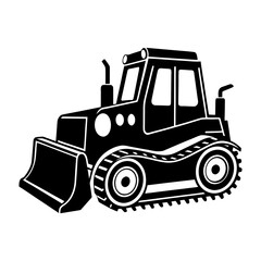 Illustration of a black bulldozer with tracks and a front end loader