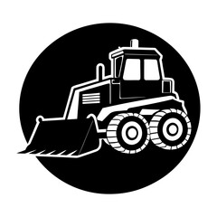 Illustration of a black and white bulldozer inside a black circle shape