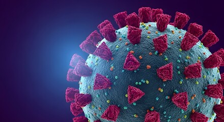 A detailed microscopic view of a coronavirus particle with spike proteins on a dark blue background