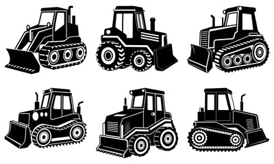 Collection of six stylized black and white bulldozer illustrations