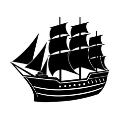 Silhouette of a sailing ship with multiple sails on a white background