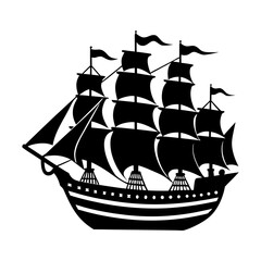 Silhouette of a tall ship with sails and flags on a white background