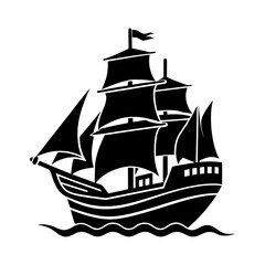 Silhouette of a three masted sailing ship on the water in black color