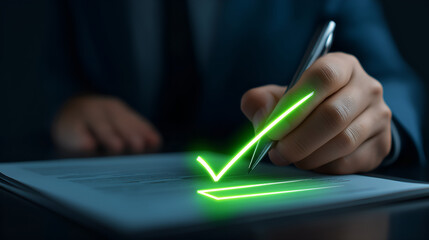 Agreement Seal: A close-up shot shows a hand, clad in a dark suit, firmly marking an agreement with a pen. A glowing green checkmark appears as the final approval, a symbol of approval