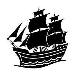 A black silhouette of a sailing ship with multiple sails and three masts