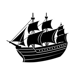 Silhouette of a three masted sailing ship with full sails on white background