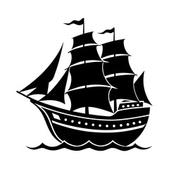 Silhouette of a galleon ship sailing on the sea with billowing sails