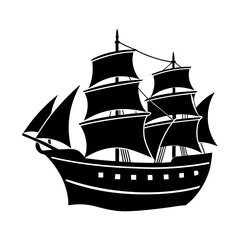 Silhouette of a vintage sailing ship with multiple sails on white background