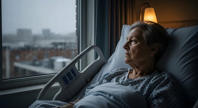 Elderly woman in hospital bed looks out rainy window with cityscape view and bedside lamp nearby