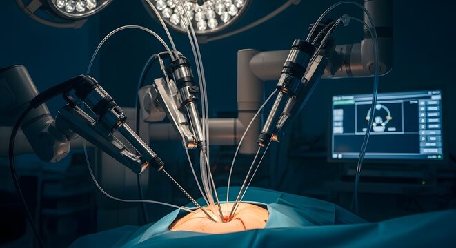 Robotic surgery in progress with surgical instruments and a monitor displaying medical data clearly visible