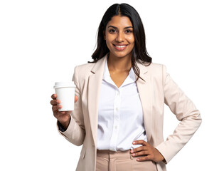 Professional Woman Holding Coffee Cup – Relaxed Business Casual Look, Transparent Background
