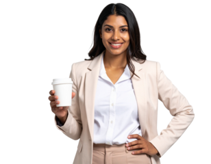 Professional Woman Holding Coffee Cup – Relaxed Business Casual Look, Transparent Background