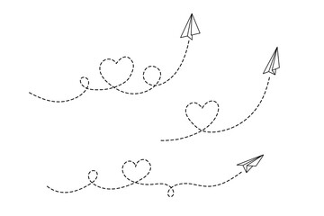 Paper plane with a line heart flight path. Silhouette of an airplane, resembling a toy jet or a craft, is depicted. A sleek and uncluttered design.