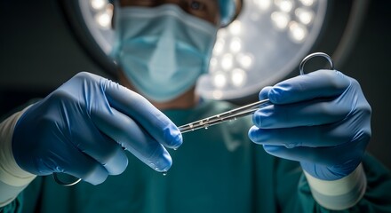 A surgeon in mask and gloves holding surgical instrument with water droplets under bright operating light