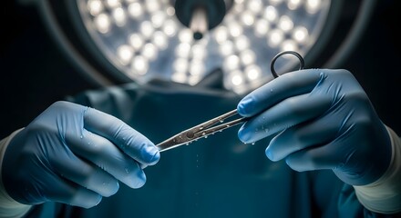 Gloved hands holding surgical scissors under bright operating room lights in a medical setting view