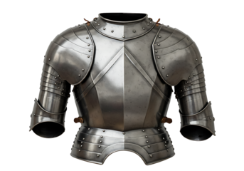 Silver metal knights armor is shown against a black backdrop