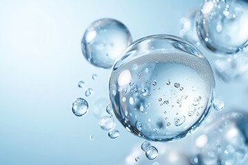 Clear water bubbles floating in a light blue environment, showcasing transparency and purity with a soft, clean background.