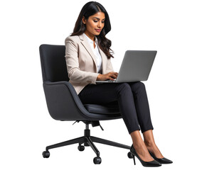 Young Business Woman Typing on Laptop – Seated Working Pose, Transparent Background