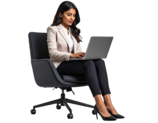 Young Business Woman Typing on Laptop – Seated Working Pose, Transparent Background
