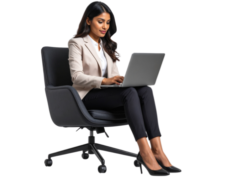 Young Business Woman Typing on Laptop – Seated Working Pose, Transparent Background - Powered by Adobe
