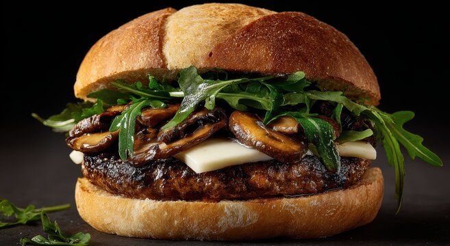 Mouthwatering burger featuring mushrooms, arugula, and cheese against a dark backdrop