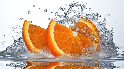 Juicy orange slices splashing in water, studio shot, refreshing drink ad