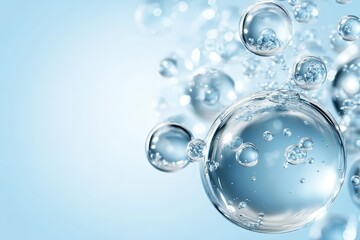 Transparent water bubbles suspended in clear blue liquid, showcasing fluidity and purity with a refreshing and clean aesthetic.