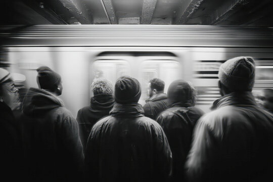 People waiting at a subway platform as trains rush past, capturing the urban energy of city life during a busy commute in the underground transit system
