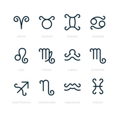 Minimal zodiac symbol set featuring all 12 astrology signs. Clean modern vector icons in line style, perfect for horoscope apps, mystic branding, natal charts, or celestial-themed design projects.