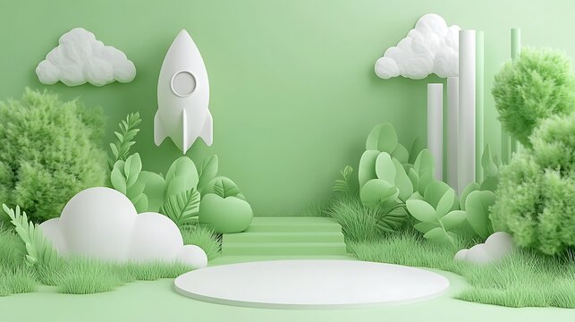 Abstract 3d scene with a rocket and greenery. - Powered by Adobe