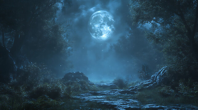 Golden spark spheres hovering in magical foggy forest high resolution picture - Powered by Adobe