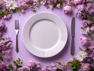 Elegant table setting featuring a clean plate and blank invitation card surrounded by fresh flowers on a pastel purple background, perfect for a special event or celebration