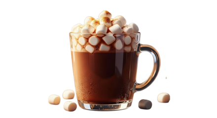 A delightful glass mug overflowing with hot chocolate and toasted marshmallows creates a cozy vibe.