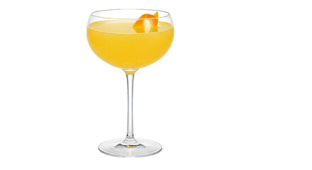 A glass holds a vibrant orange cocktail with a twist of citrus, set against a stark black backdrop.