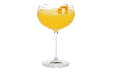 A glass holds a vibrant orange cocktail with a twist of citrus, set against a stark black backdrop.