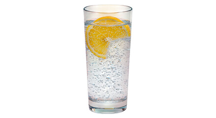 A tall glass of clear sparkling water with a slice of lemon creating a refreshing and fizzy mood.