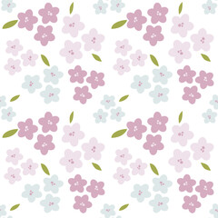 Seamless pattern with cute pink and light blue flowers and green leaves on a white background.