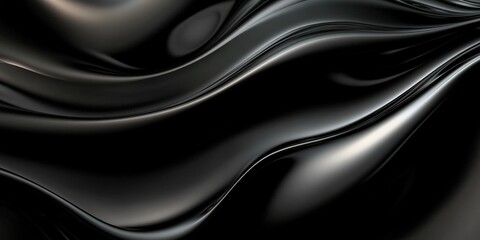 Smooth, flowing black silk fabric with glossy highlights creating elegant, fluid waves and soft reflections.