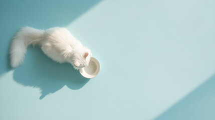 ターコイズブルーの空間で水を飲む白い猫 | 上品な光と影